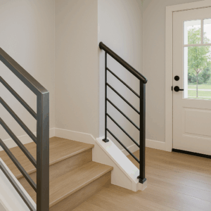 Modern entryway with sleek metal railings | CC Elite Fabrication & Specialty Welding